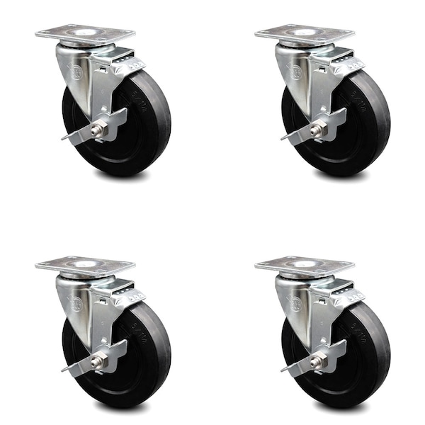 5 Inch Soft Rubber Wheel Swivel Top Plate Caster Set with Brake